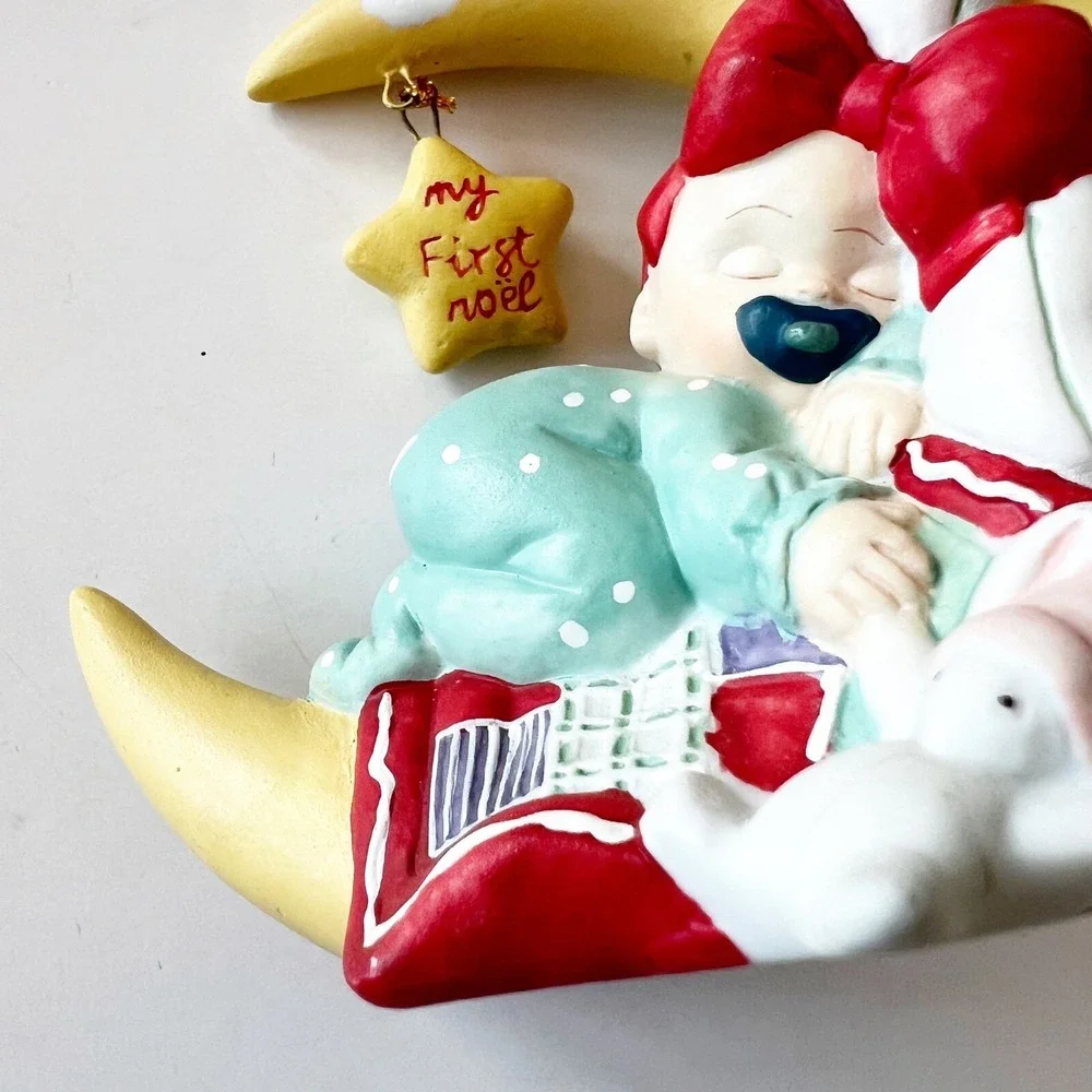 Vintage Silvestri Sleeping Baby Girl Ornament My First Noel Red Bow Moon Holiday